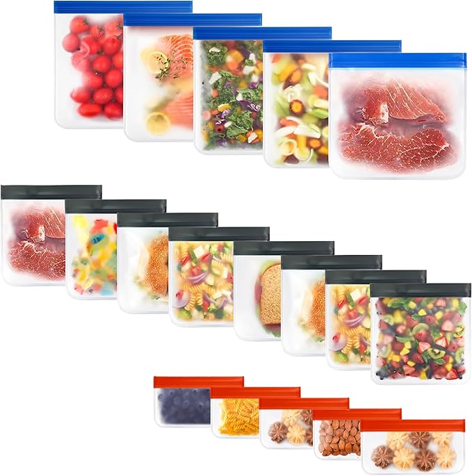 Reusable Food Storage Bags for Meal Prep, Freezer & Lunch – 18-Pack (5 Small, 8 Medium, 5 Large) Extra Thick BPA-Free Ziplock Bags – Leakproof, Dishwasher Safe, Microwave & Freezer Friendly