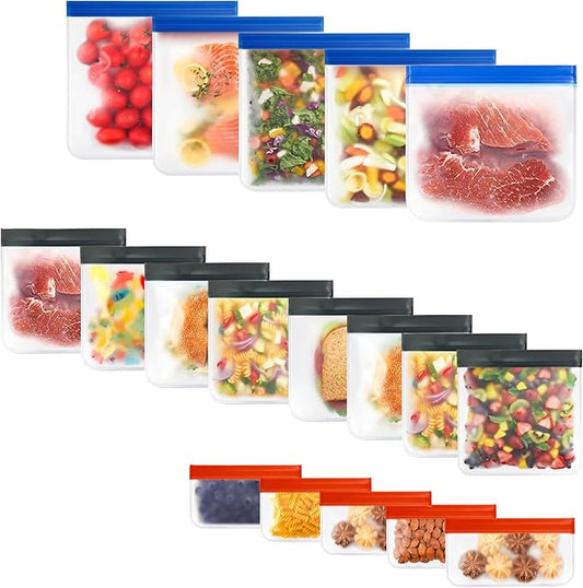 Reusable Food Storage Bags for Meal Prep, Freezer & Lunch – 18-Pack (5 Small, 8 Medium, 5 Large) Extra Thick BPA-Free Ziplock Bags – Leakproof, Dishwasher Safe, Microwave & Freezer Friendly