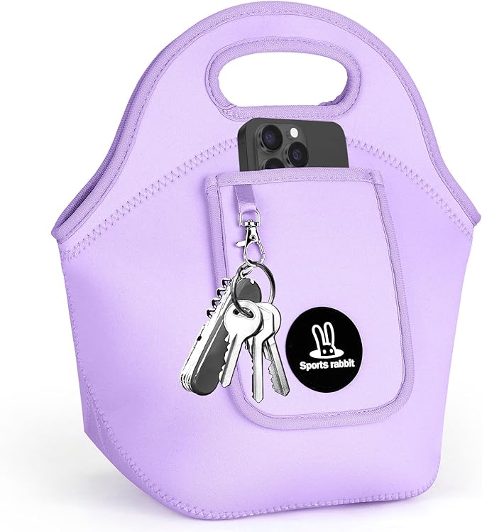 Sports rabbit Neoprene Insulated Lunch Bag for Women - Front Pocket for Phone&Keys - Reusable, Foldable, Lightweight, Waterproof, Easy to Store & Clean - Ideal for Work, Travel & Picnics (purple)