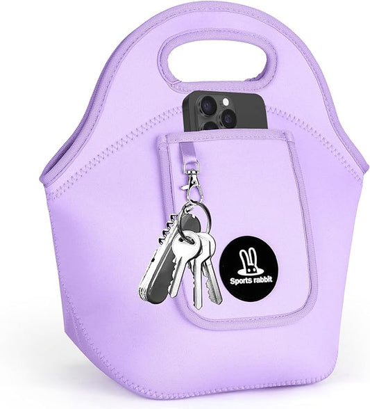 Sports rabbit Neoprene Insulated Lunch Bag for Women - Front Pocket for Phone&Keys - Reusable, Foldable, Lightweight, Waterproof, Easy to Store & Clean - Ideal for Work, Travel & Picnics (purple)