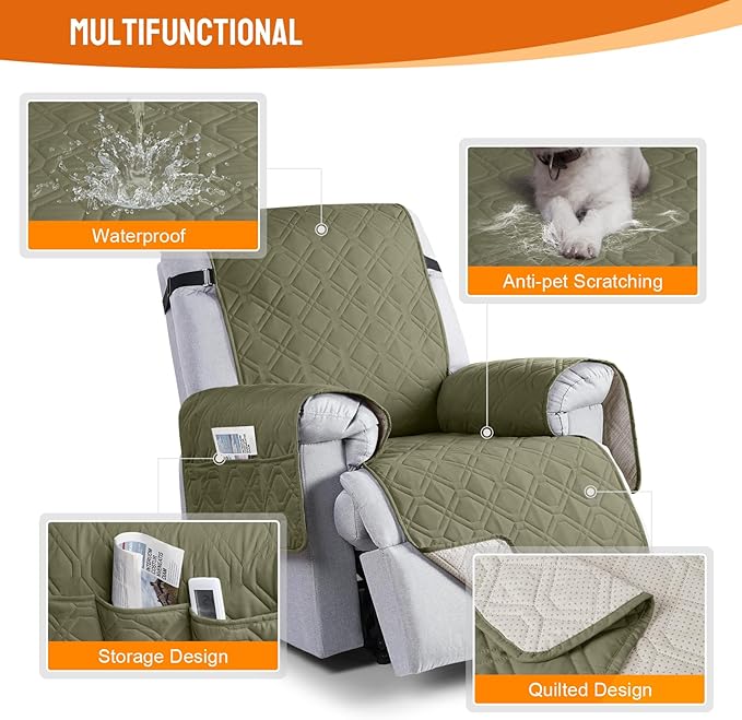 VANSOFY 100% Waterproof Recliner Chair Covers, Recliner Cover Non-Slip Dog Chair Cover Furniture Protector Washable Slipcover with Pocket, Elastic Straps for Pets, Dogs(Olive Green, 30")