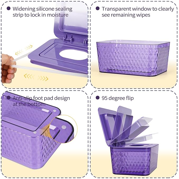 Whiidoom Wipes Dispenser, One-Handed Operation Wipe Holder for Baby & Adult, Seal-Designed Wipes Container for Bathroom Keep Diaper Wipes Fresh (Purple)