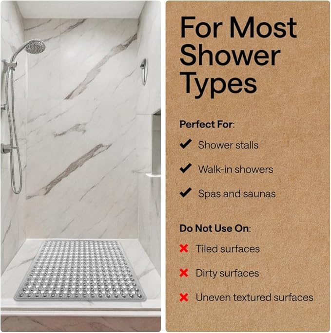 GORILLA GRIP Patented Square Shower Stall Mat, Small Bathtub Floor Mats for Stand Up Showers with Suction Cups and Drainage Holes, Machine Washable, Soft on Feet, Bathroom Accessories 21x21 Inch, Gray