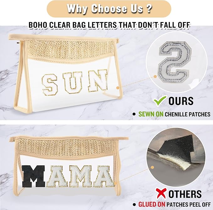 Boho Clear Makeup Letter Patch Makeup Bag SUN Pouch, Clear Toiletry Bags Travel Small Cute Chenille Letter Cosmetic Zipper Pouch Purse, Transparent Waterproof Makeup Organizer Bag for Women Girls(SUN)