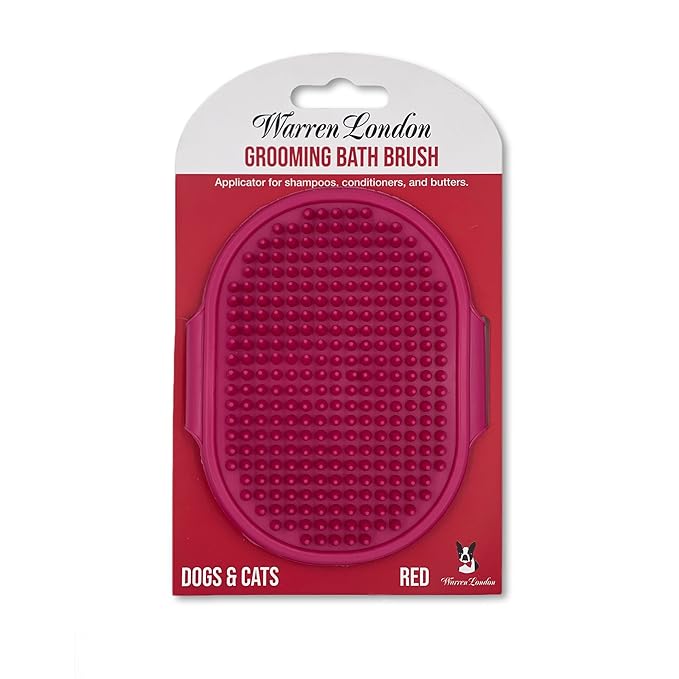 Warren London 2-in-1 Bath & Groom Brush for Dogs & Cats – Red Silicone Scrubber & Applicator for Shampoo, Hydrating Butter or Leave-In Conditioner – Gentle Massaging Grip