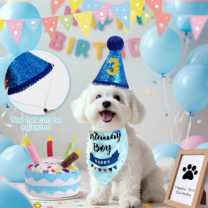 Dog Birthday Toy Set, Dog Squeaky Toys, Includes Squeaky Cake Toy, Plush Bones, Birthday Hats, Bandana, Paw Print Kit & Photo Frame. Pet Gift Supplies, Blue