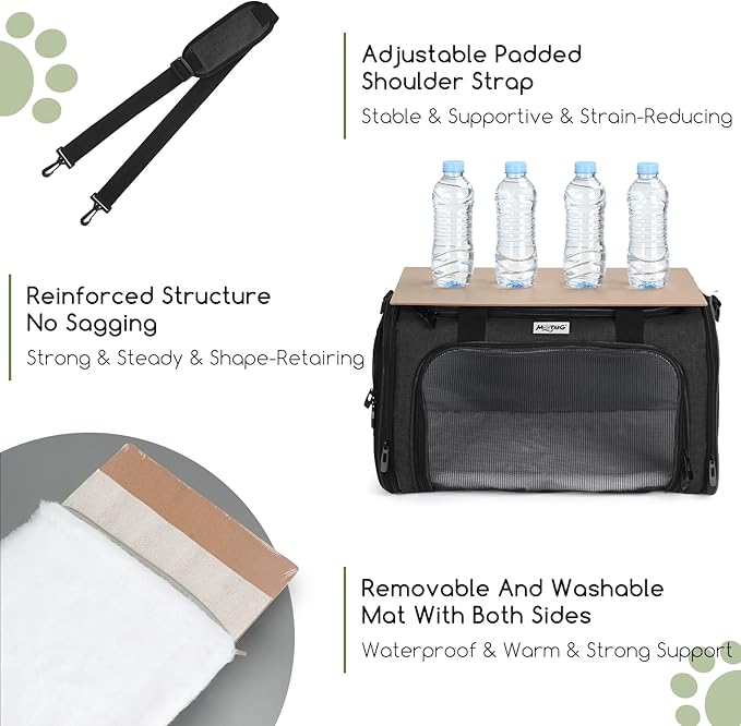 Pet Carrier for Cats & Small Dogs, Travel Carrier with Anti-Collapse Support, Chew Resistant Buckles, Luggage Sleeve, Multi-Pocket Storage, Reversible Mat & Bowl (Black, Medium (17.5"x11"x11.5"))