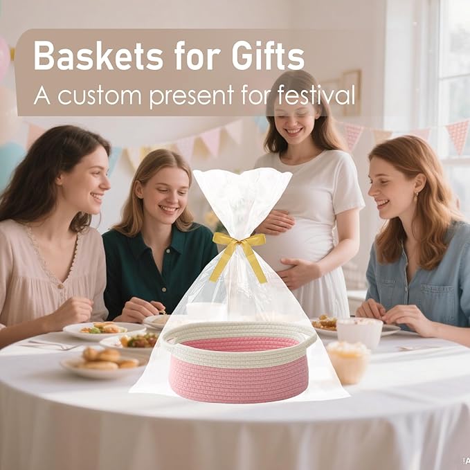 JMvicyroam Woven Basket,Small Rope Storage Bin with Handles & Ribbon Bag, Organizer for Shelves Closets,Gift Basket Empty for Birthday,Books,Dog Toys, White&Pink