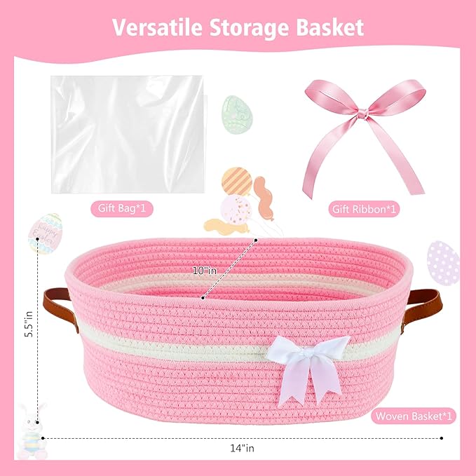 Empty Woven Gift Basket with Handles, 14"x10"x5.5" Mothers Day Gift Basket, Storage Wicker Basket for DIY, Birthday Valentines Day Gift Baby Pet Shower Storage (Pink)