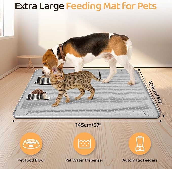 Bartuke Dog Food Mat, Extra Large 57" x 40" Silicone Pet Feeding Mat with Raised Edge Pet Placemat for Small, Medium, and Large Pets Non-Slip, Easy to Clean (Light Grey)