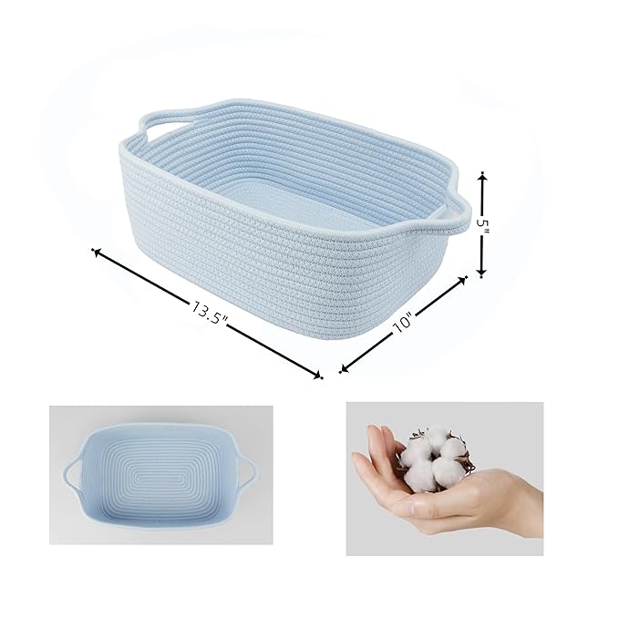 XUANGUO Woven Cotton Rope Storage Basket with Handles for Organizing Shelves Closet Small Cat Dog Pet Toy Baskets Box Bin Decorative Rectangle Baby Nursery Basket Gift Basket Empty blue