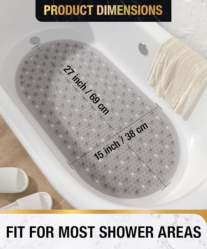 HITSLAM Non Slip Bathtub Mat, 27x15 Inch Bath Mat for Tub with Suction Cups and Drainage Holes, Machine Washable Oval Shower Mat for Kids, Seniors and Daily Use, Phthalate Free PVC, Grey