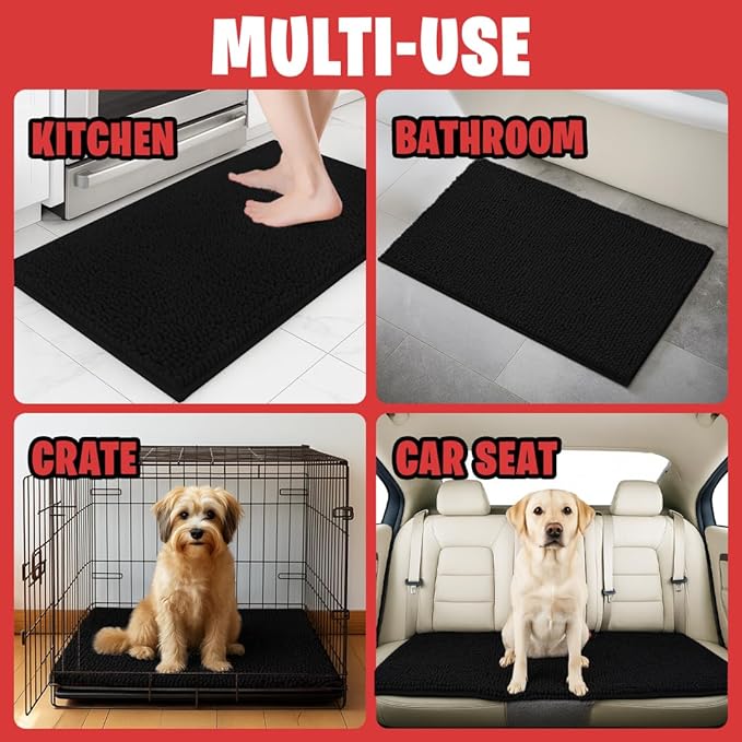 MudGuard Mat™ Dog Door Mat for Muddy Paws, Super Absorbent Microfiber, Non-Slip Indoor Mat, Quick Dry Chenille Mud Mat for Dogs & Entryway, Washable, Black 36" x 60"