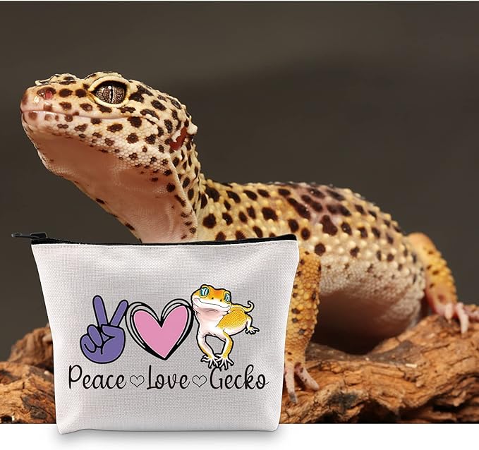 G2TUP Leopard Gecko Lover Gift Peace Love Gecko Makeup Bag Pet Lizard Lover Cosmetic Bag Reptile Gecko Owner Gift Travel Bag with Zipper (Peace Love Gecko White Bag)