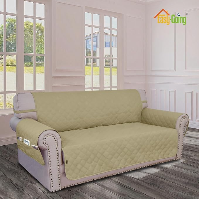 Easy-Going Waterproof Oversized Loveseat Covers Leakproof Couch Cover for 2 Cushion Couch Sofa Cover Washable Sofa Slipcover Non-Slip Furniture Protector with Pocket for Pets (Medium-XL, Sand)