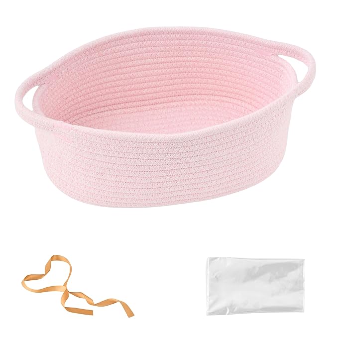 Small Woven Easter Basket with Gift Bag and Ribbon – Empty Burr Basket for Gifts, Baby Shower, & Birthdays – Decorative Rope Storage Organizer for Shelves, 12"x8"x5", Pink