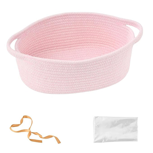 Small Woven Easter Basket with Gift Bag and Ribbon – Empty Burr Basket for Gifts, Baby Shower, & Birthdays – Decorative Rope Storage Organizer for Shelves, 12"x8"x5", Pink