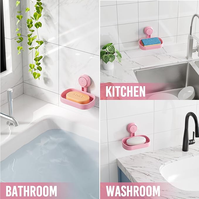 TAILI Soap Dish Bar Holder Suction Cup,SoapSaver with Powerful Vacuum Suction,Sponge Holder for Shower,Bathroom,Tub andKitchen Sink,Universal Shower Accessories,Drill-Free,Removable,2 Pack,Pink