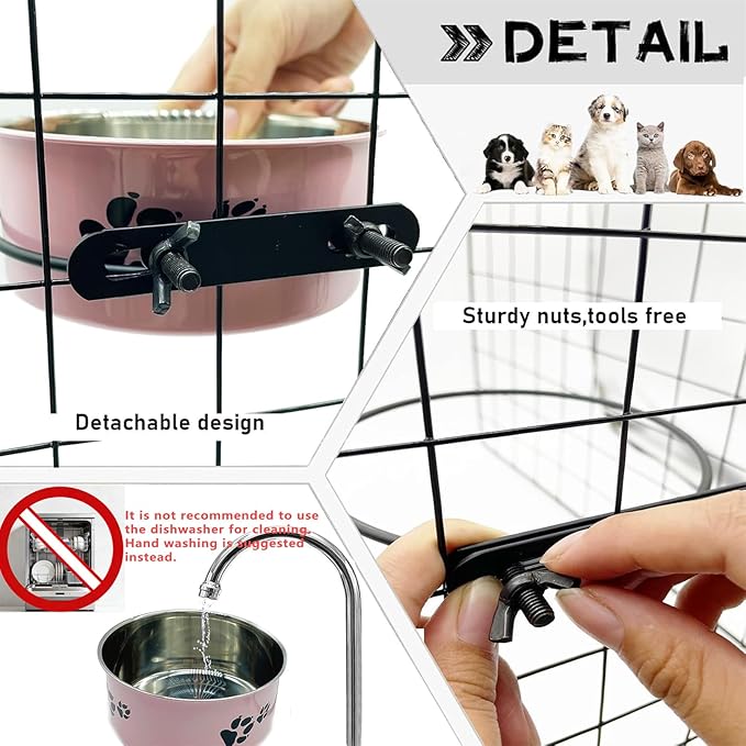 Dog Crate Food and Water Bowl 2Pcs Small Pet Hanging Kennel Removable Dish Feeding Cup No Spill with Holder for Medium Large Size Cat Puppy (Pink, 5.5''X2.3''&6.3‘’X2.5'')