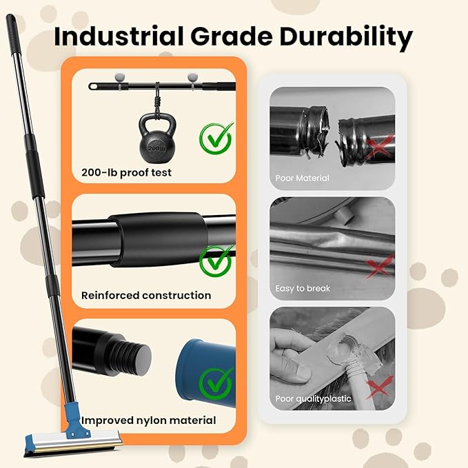 4 in 1 Carpet Rake for Pet Hair Removal - Dog Cat Fur Remover Scraper Broom, 48" Adjustable Carpet Rake, Hair Removal Glove, Handheld Brush, Grooming Brush, Cleaner Tools for Rugs, Mats, Sofa, Bed