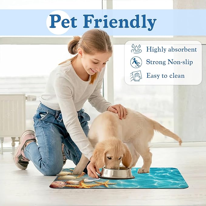 Starfish Seashell on Beach Pet Feeding Mat for Floors–Christmas Stocking Absorbent Quick Dry Dog Cat Bowl Mat for Food and Water, Non Slip Waterproof Base, Mess-Free Feeding Accessories 12"x20"