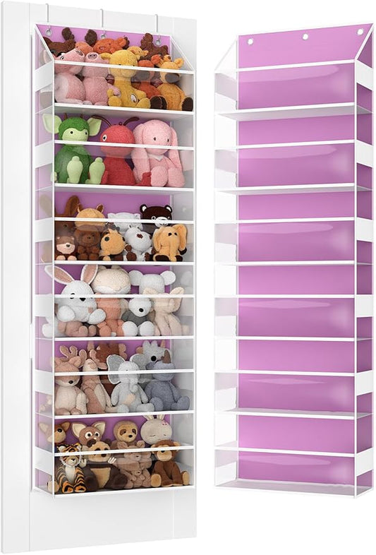 Over the Door Organizes- 6 Tier Stuffed Animal Storage, Bathroom Organizers and Storage, Swing-proof Hanging Organizer for Toys/Nursery Newborn Baby Essential Stuff (Clear-pink)