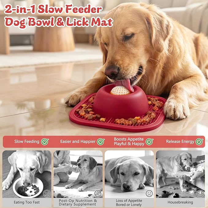 Slow Feeder Dog Bowls & Lick Mat for Liquid and Thick Treat, Anti-Slip Dog Lick Bowl with Interactive Rolling Ball, 5/6 Cup Pup Licking Toy for Large Medium Small Dogs and Cats Red
