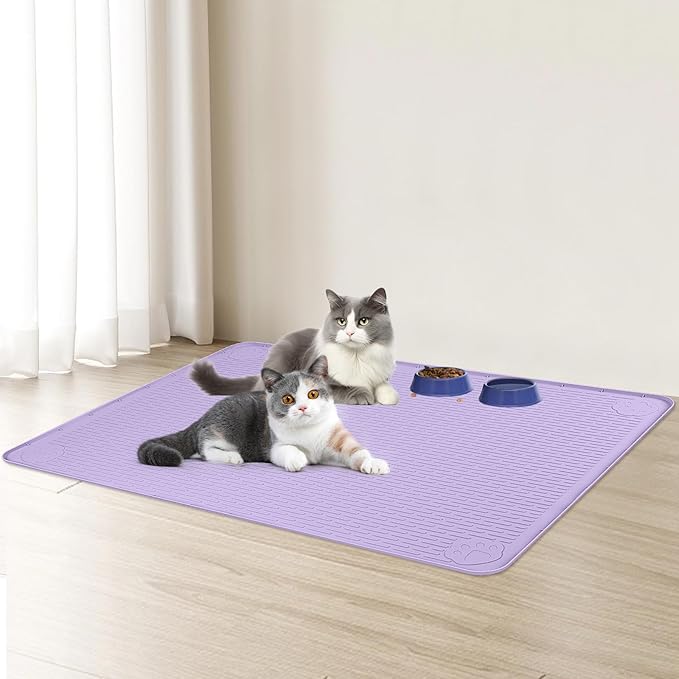 Bartuke Cat Food Mat, 40" x 28" Extra Large Silicone Pet Feeding Mat with Raised Edge Pet Placemat for Food and Water Bowl Non-Slip, Easy to Clean, Floor Protection (Purple)