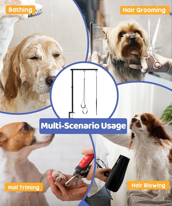 Artibear Dog Grooming Arm with Clamp for Large Dog, Adjustable Height to 33in and Width to 43in, Pet Grooming Table Arm with 2 Loop Noose & 2 No Sit Haunch Holder for Home & Store (Table Not Include)
