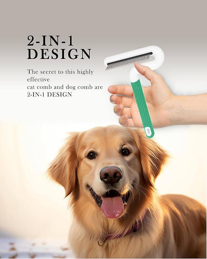 TailGurus Pet Flea Comb for Dogs & Cats - Grooming Tool with Long & Short Steel Teeth, Safely Removes Tangles and Knots, Gentle Detangling Brush for Pet Hair (TG2043)(Green)