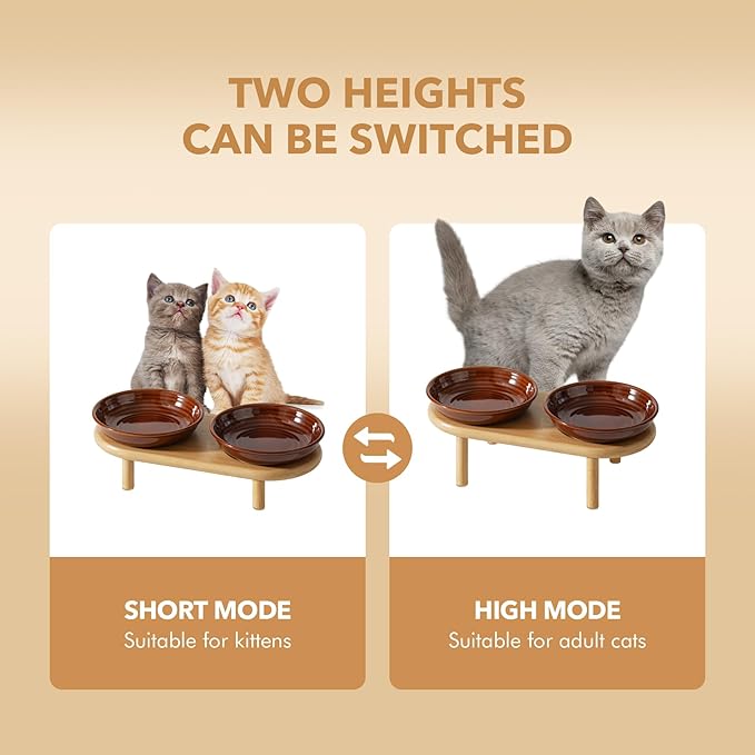 Elevated Ceramic Cat Dish, Wide Whisker Friendly Anti-Slip Food & Water Bowl with 2 Heights Adjustable Stand - Pet Bowl Set for Cats (2 Dishes +Stand, Caramel Brown)
