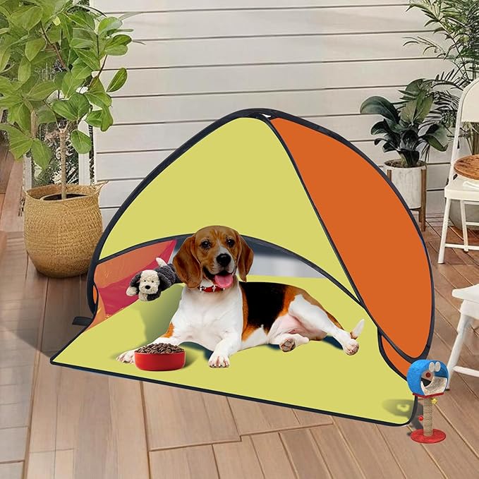 Beach Tent for Dog Pet Shade Pop Up Portable Mini Head Sun Shelters Canopy for Camping Outdoor Hiking Picnic Windproof Waterproof with Tent Nails Phone Stand for Puppy Cat Small Animals(Yellow orange)