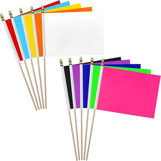 12Pcs 8×12 Inch Red White Blue Black Orange Yellow Green Purple Pink Flags Set on Wood Stick Small Mini Solid Color Blank Sublimation Handheld Flags for DIY Graffiti