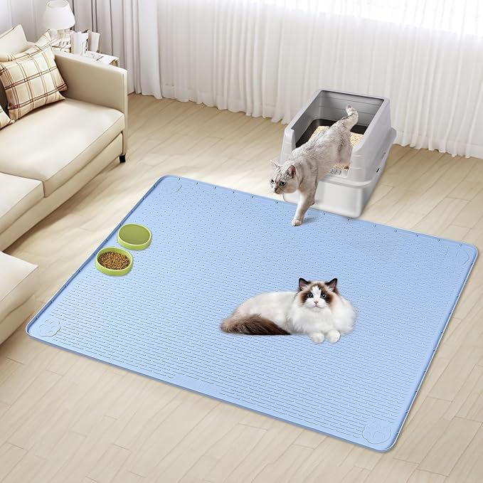 Bartuke Cat Litter Mat, XXL Extra Large 50" x 35" Silicone Mat Litter Trapping Mat for Scatter Control, Soft on Kitty Paws, Easy to Clean (Blue)