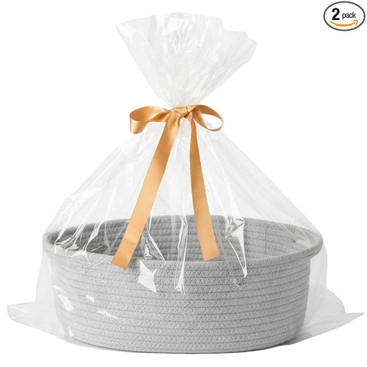 Small Woven Gift Basket Empty with Bag & Ribbon - Gifts for Mom, Baby Shower, Birthdays & Raffle - Cotton Rope Storage Basket for Dog Toys or Shelf - 12"x8"x5", Gray, 2 Packs