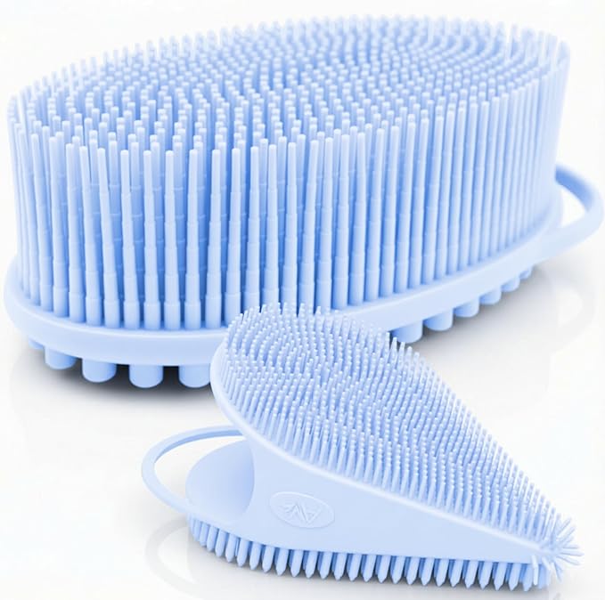 Avilana Premium Body Scrubber and Face Brush Set - 8 Years Trusted Since 2017 - SGS Certified Silicone 2-in-1 Shower Kit, Dual Sided Gentle Exfoliating Loofah Alternative Sensitive Skin Women Men Gift
