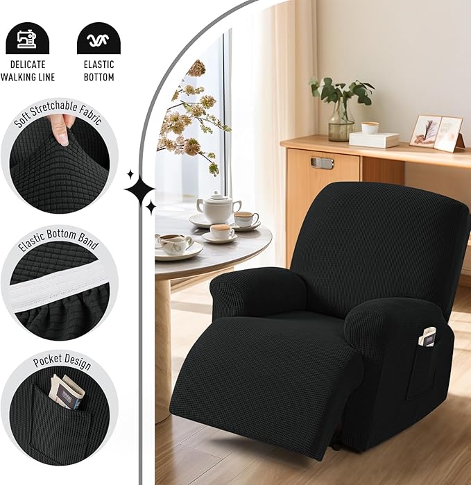 TAOCOCO Oversized Recliner Chair Covers, 1 Seater Streach Recliner Covers Soft Couch Protector Furniture Protector Covers with Elastic Chair Cover Jacquard Pattern (Black)