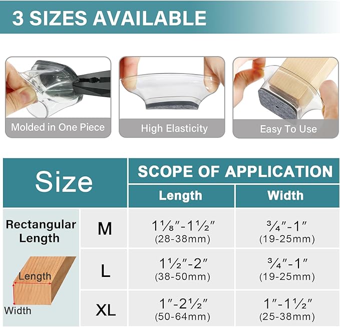 24 Pcs Chair Leg Floor Protectors Rectangle, Silicone Felt Furniture Leg Pads Caps Covers for Hardwood Floors, Fit L:2" to 2-1/2", W:1" to 1-1/2"