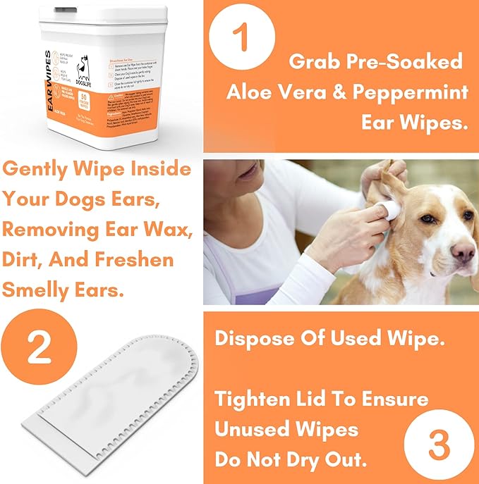Dog Ear Wipes | Soft, Quick & Easy Ear Wipes for Dogs | Remove Wax, Dirt & Stop Smelly, Itchy Dog Ears | 50 Soothing Aloe Vera Dog Ear Cleaning Finger Wipes!