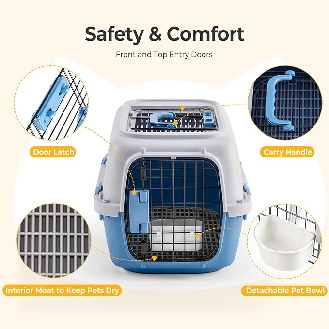 NEWBULIG 23" Hard-Sided Dog Carrier, Plastic Cat & Dog Crate, 4-Sided Ventilation Travel Pet Kennel, Top & Front Door Access, Integrated Food Bowl, for Small Pets up to 22 lbs, Grey & Blue