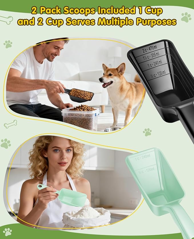 GNEOCO 2 Pack Dog Food Scoop with 1 Cup and 2 Cup Capacity, Plastic Pet Food Measuring Scoops with Clear Measurement Lines for Dogs, Cats & More,Dishwasher safe (Green and Black)