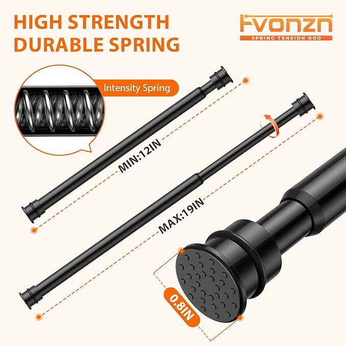 Fvonzon 6 Pack Small Tension Rods 12-19 Inch, Thin Tension Curtain Rods for Windows, Spring Rod for Closet, Cabinet & Kitchen, Mini Curtain Rod Tension Fit, Tiny Skinny Compression Rods Black