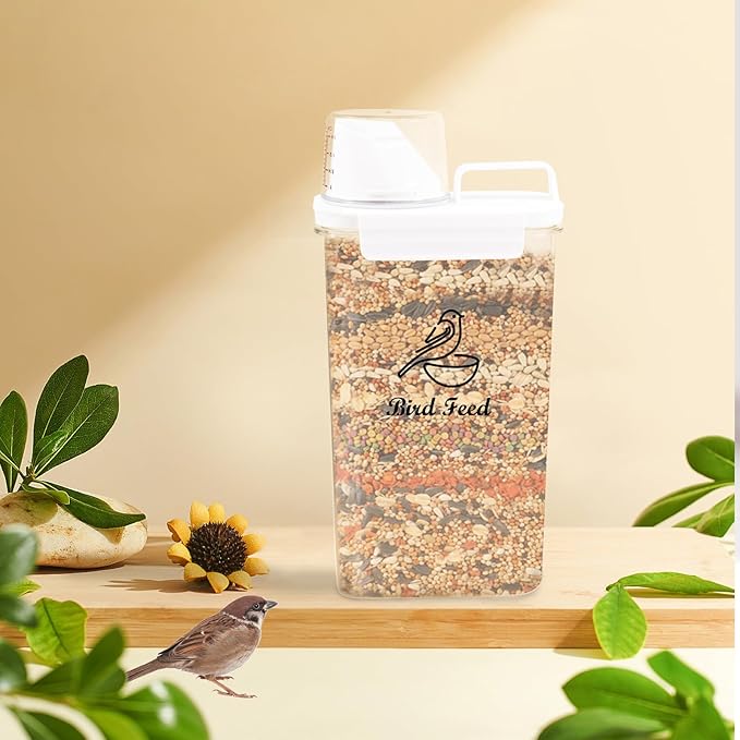 Brabtod Bird Seed Storage Container Airtight | 3 Qt/2.5 L Clear Plastic Bird Food Container Portable-with Measuring Cup/Lid|Pet Food Storage Container |Wild Bird Seed Dispenser|BPA Free