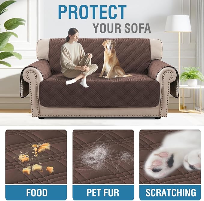 H.VERSAILTEX 100% Waterproof Furniture Covers for Sofa and Loveseat Modern Sofa Covers Waterproof and Washable Thick Soft Couch Cover for Dogs with Elastic Straps (Loveseat, Brown/Beige)