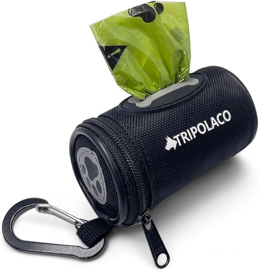 Dog Poop Bag Holder for Leash, Easy Release Doggie Poop Bag Dispenser, Fits Most Standard Poo Bags, Soft Fabric Dog Waste Bag Holder with Carabiner Clip, Compatible with All Leashes, Black