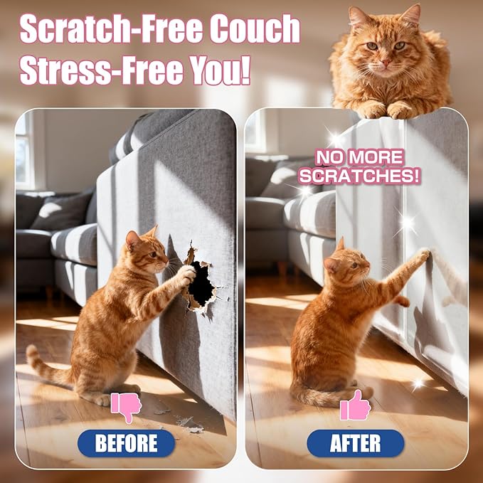 12PCS Cat Scratch Furniture Protector, Single Sided Couch Protectors Tape from Cats Claws Scratching, Transparent Sticky Sheets Proof Clawing Sofa Corner Protection Cover Anti Scratch for Furniture