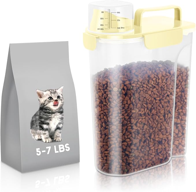 LEAWALK 5-7Lbs Cat Dog Storage Container, Portable Pet Food Containers with Upgraded Large Spout and Cup, Small Animal Kibble Dispenser for Bird Seed, Oatmeal, Rice, Flour (1, Cream yellow, 5L)