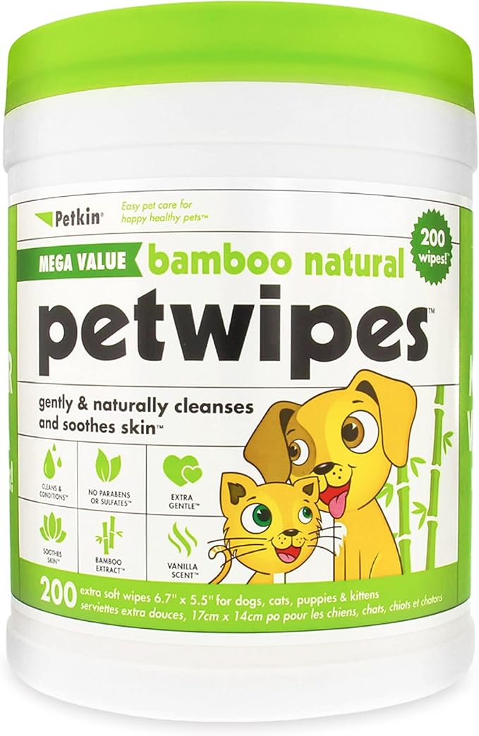 Petkin Mega PetWipes, 200 Wipes - Bamboo Pet Wipes for Dogs and Cats - for Face, Paws, Ears, Body and Eye Area - Super Convenient Dog Cleaning Wipes, Ideal for Home or Travel - Easy to Use