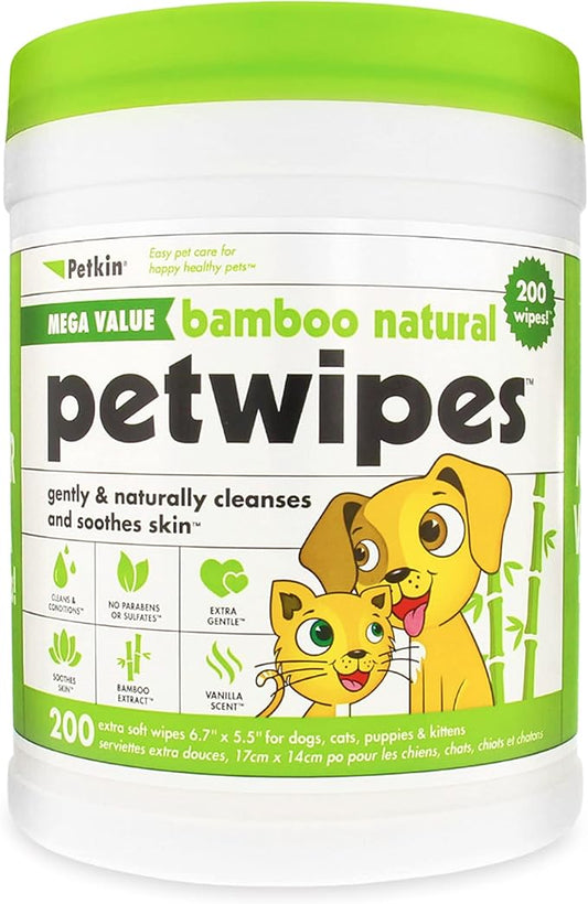 Petkin Mega PetWipes, 200 Wipes - Bamboo Pet Wipes for Dogs and Cats - for Face, Paws, Ears, Body and Eye Area - Super Convenient Dog Cleaning Wipes, Ideal for Home or Travel - Easy to Use