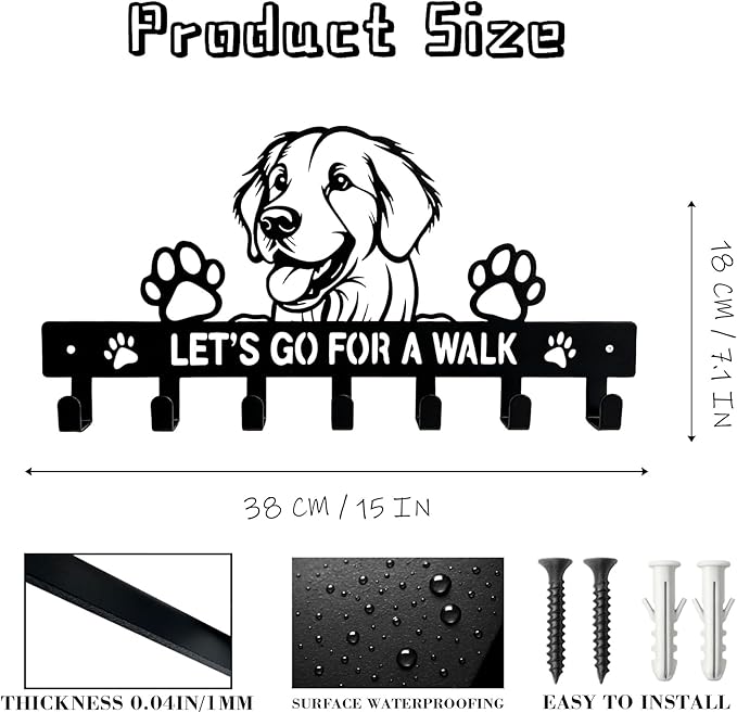 Golden Retriever Key Holder, Dog Leash Holder for Wall with 7 Hooks, Black Decorative Small Key Hanger for Entryway&Front Door, Golden Retriever Decor Accessories Gift, Dog Storage Organizer